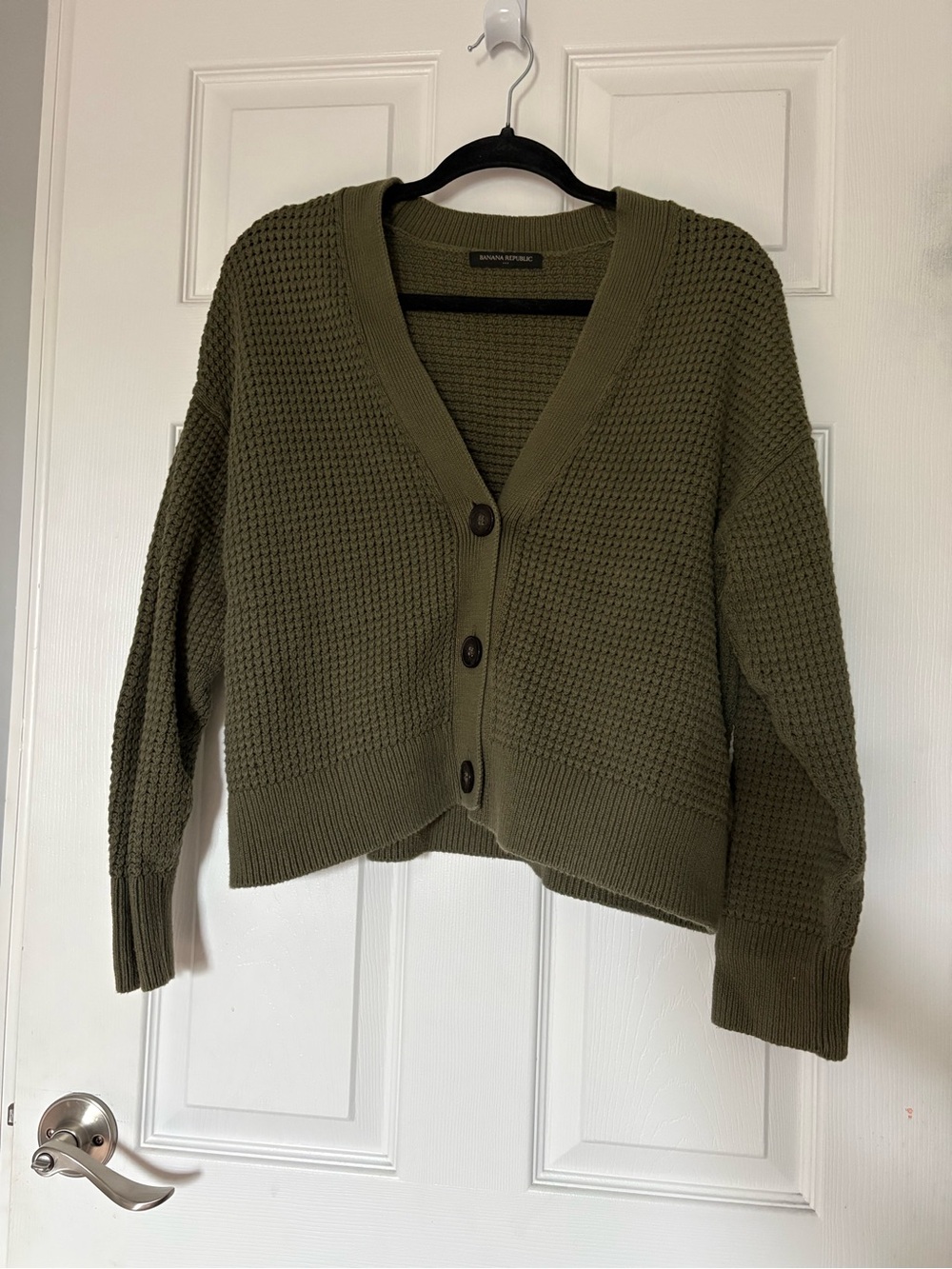 Banana Republic Olive Green Waffle-Knit Button Cardigan - Size M